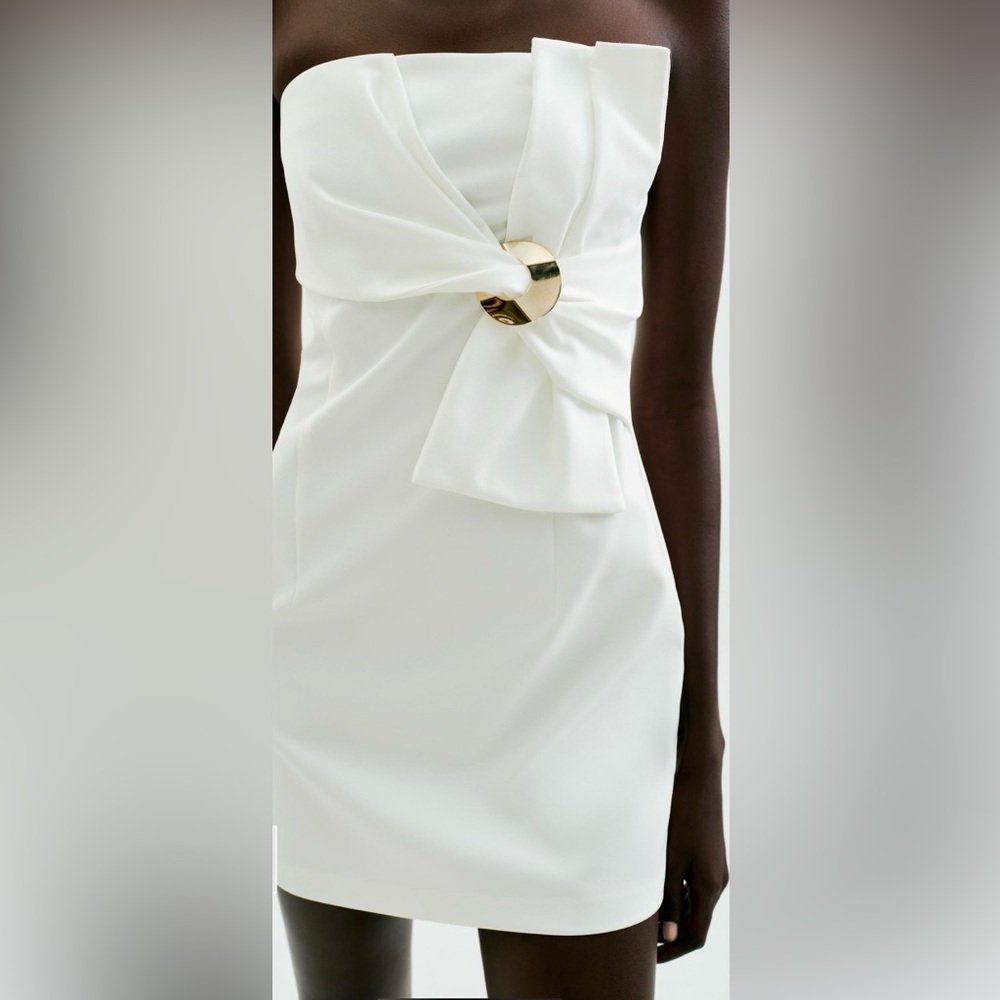 Zara Strapless White Dress with Gold Detail